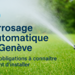 Arroseur automatique en fonctionnement sur une pelouse verte à Genève, illustrant les obligations d’installation.