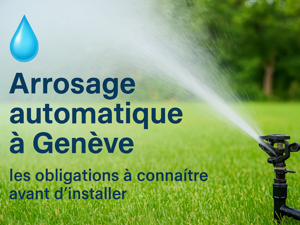 Arroseur automatique en fonctionnement sur une pelouse verte à Genève, illustrant les obligations d’installation.