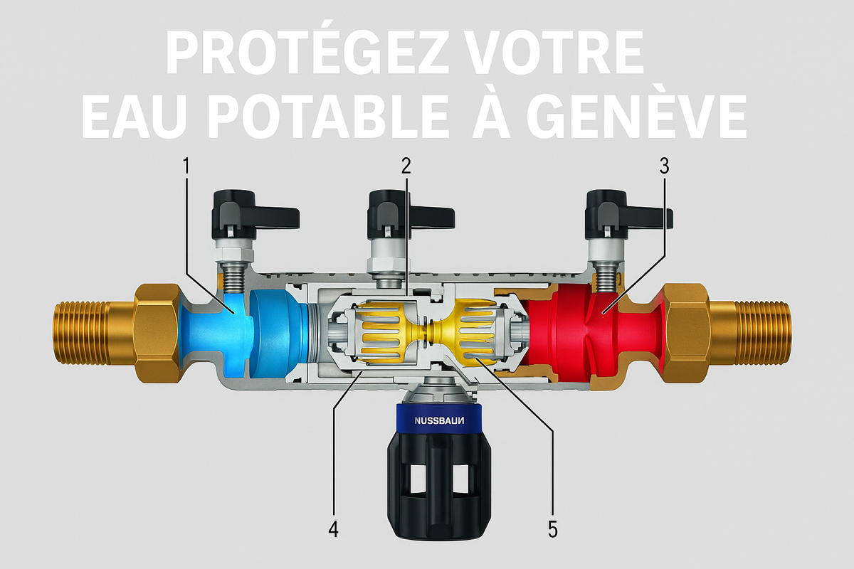 Disconnecteur Nussbaum en coupe – dispositif de sécurité pour installations d’arrosage à Genève.