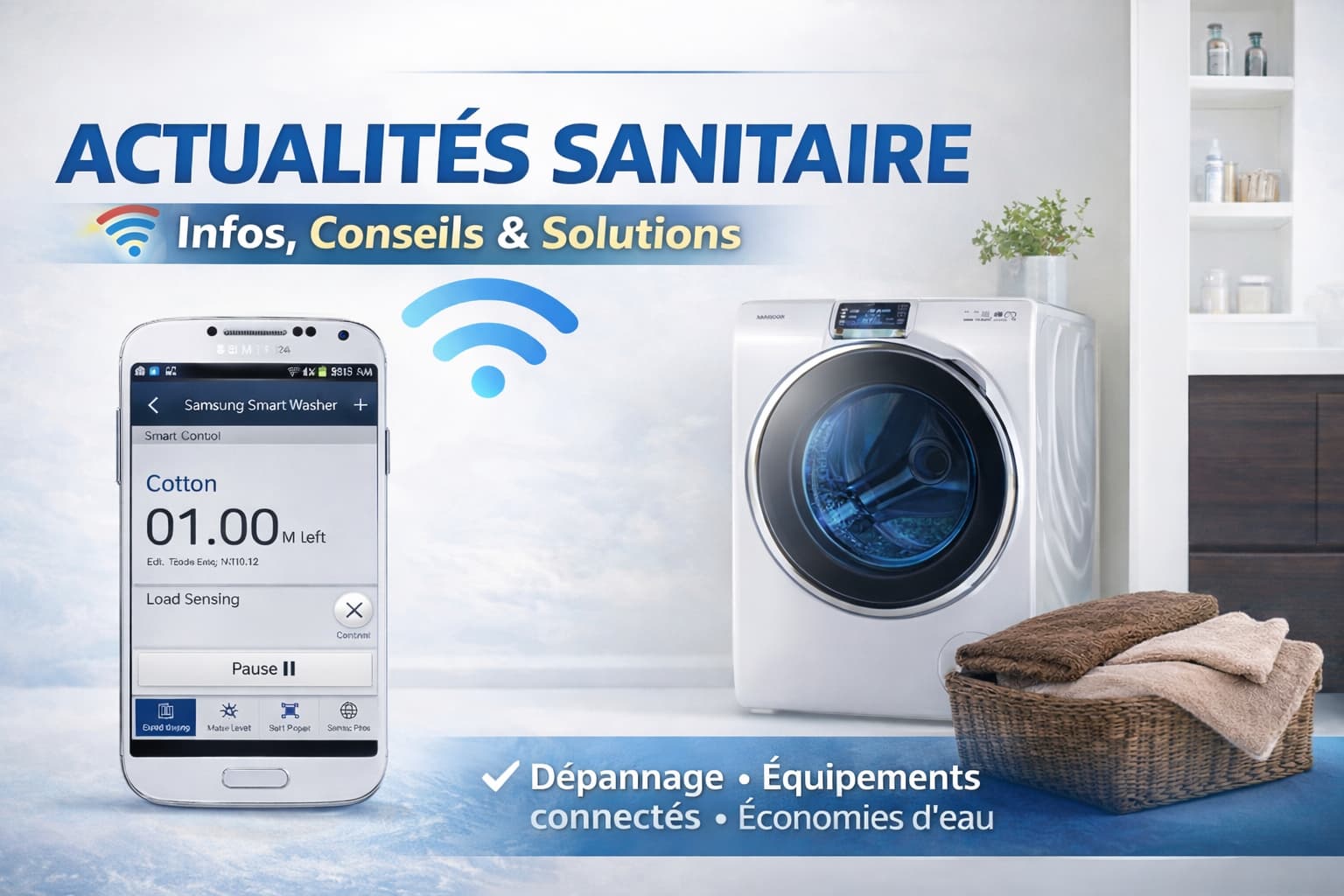 Miniature “Actualités sanitaire” : smartphone connecté et machine à laver, infos, conseils et solutions pour le sanitaire et la plomberie à Genève.
