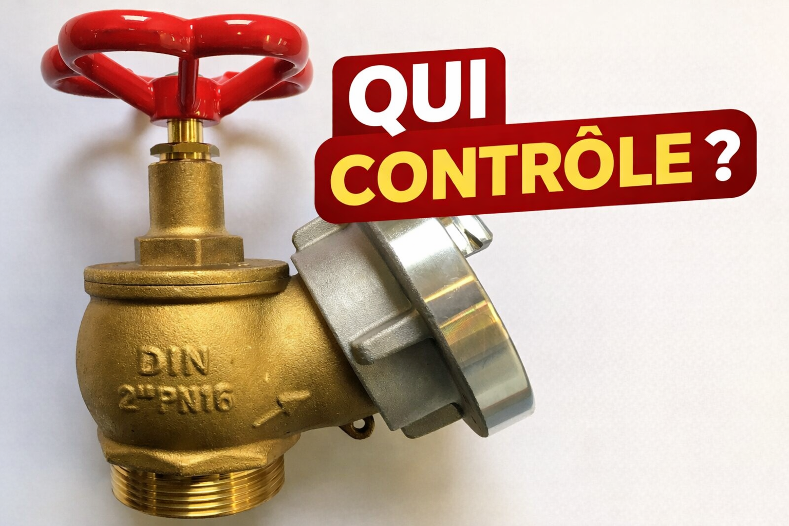 Robinet d’incendie en laiton avec volant rouge et raccord Storz, illustrant le contrôle des installations incendie à Genève, avec QR code vers le site Express’EAU.