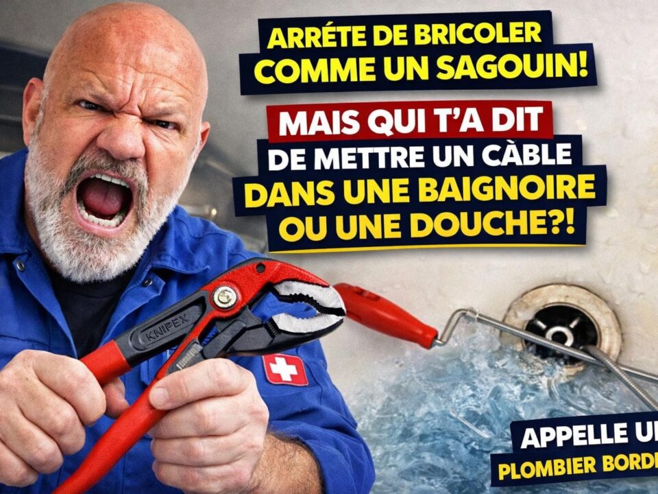 Erreur de bricolage en salle de bain à Genève : utilisation d’un câble dans le siphon de douche ou de baignoire, risque de fuite et de dégâts des eaux