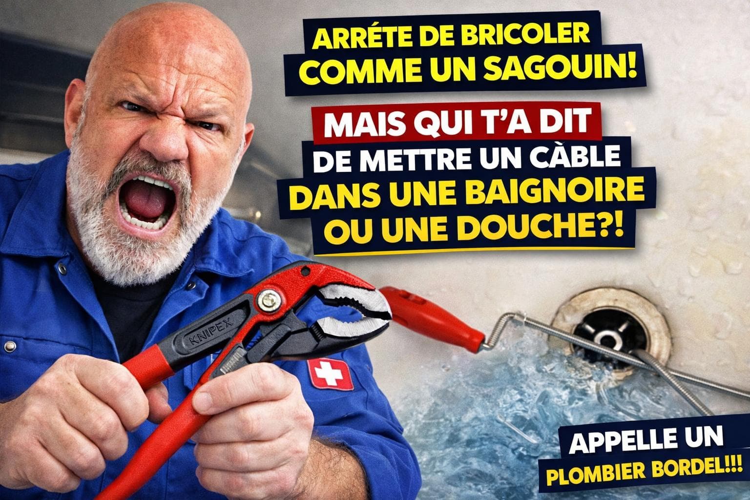 Erreur de bricolage en salle de bain à Genève : utilisation d’un câble dans le siphon de douche ou de baignoire, risque de fuite et de dégâts des eaux