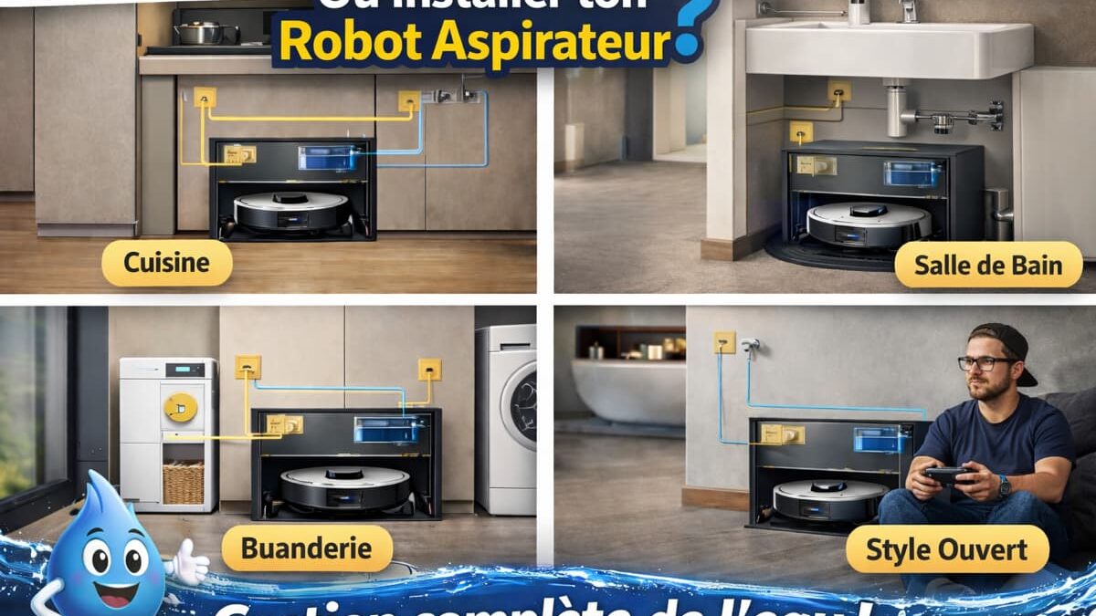Raccordement d’un robot aspirateur à l’eau et à la vidange selon l’emplacement dans le logement