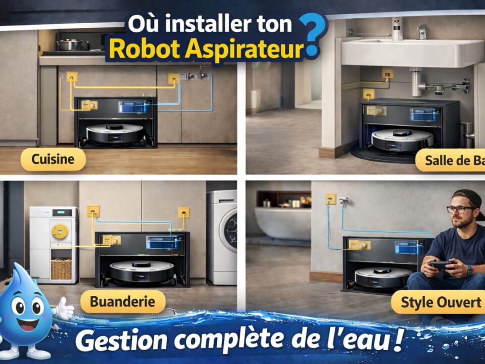 Raccordement d’un robot aspirateur à l’eau et à la vidange selon l’emplacement dans le logement
