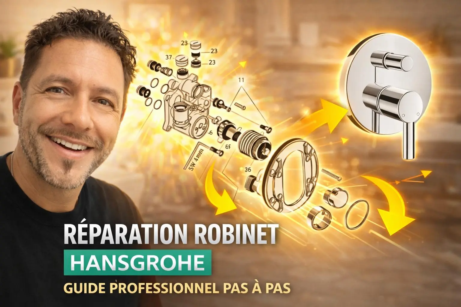 Réparation d’un robinet Hansgrohe avec vue éclatée des pièces et guide professionnel pas à pas