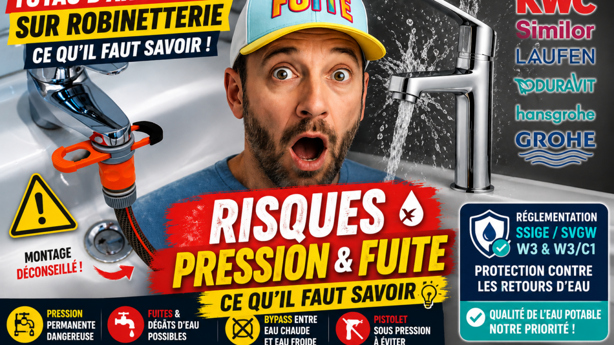Tuyau d’arrosage raccordé sur une robinetterie, montage déconseillé en raison des risques de pression permanente, fuite d’eau, bypass eau chaude eau froide et retour d’eau selon les recommandations SSIGE