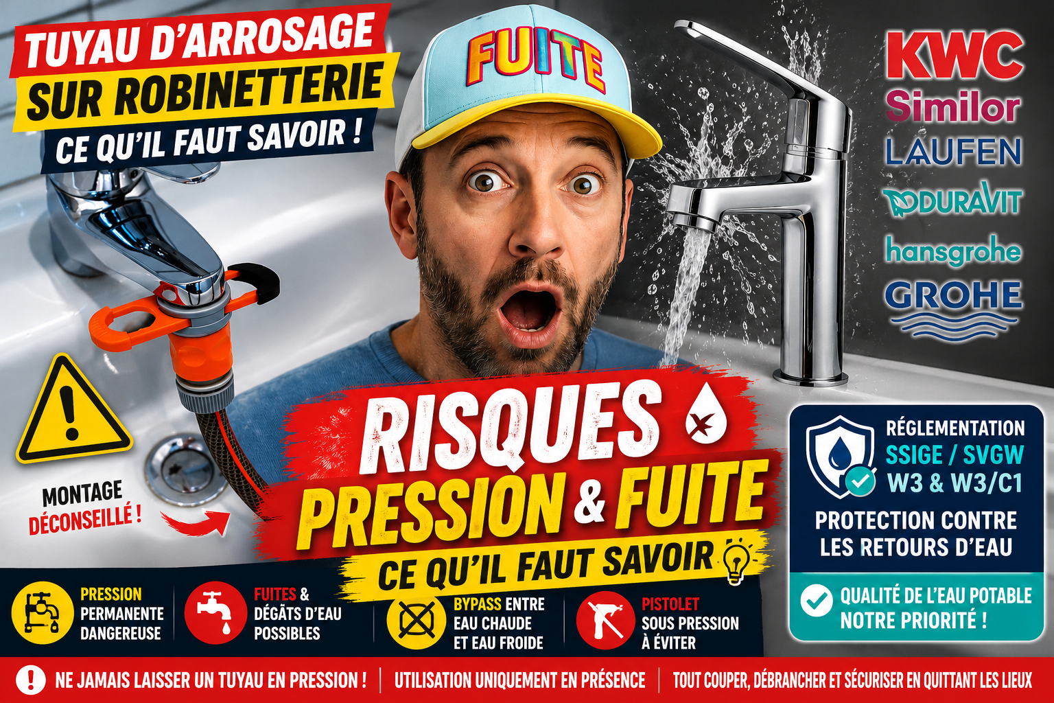 Tuyau d’arrosage raccordé sur une robinetterie, montage déconseillé en raison des risques de pression permanente, fuite d’eau, bypass eau chaude eau froide et retour d’eau selon les recommandations SSIGE