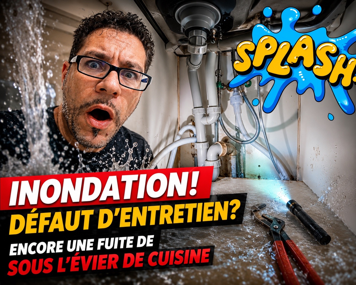 Fuite sous l’évier de cuisine provoquée par un tube de siphon déboîté