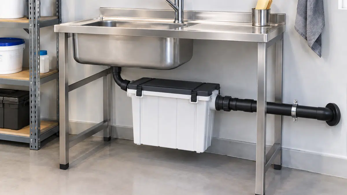 Filtre à plâtre installé sous un évier en inox, avec une tuyauterie d’évacuation Geberit.