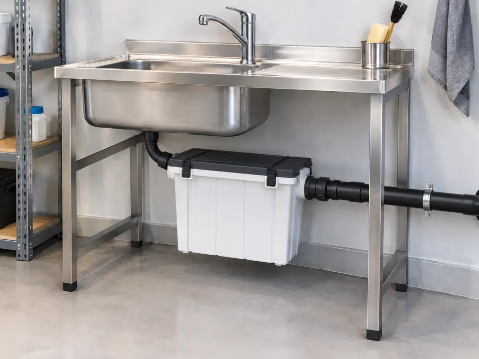 Filtre à plâtre installé sous un évier en inox, avec une tuyauterie d’évacuation Geberit.