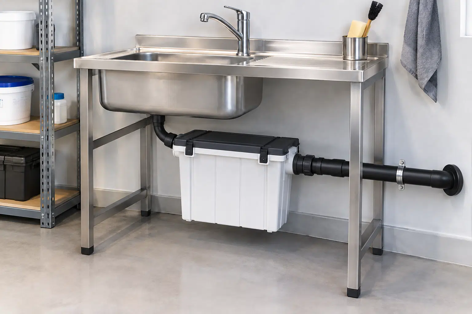 Filtre à plâtre installé sous un évier en inox, avec une tuyauterie d’évacuation Geberit.