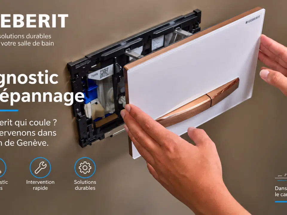 Plaque de déclenchement Geberit soulevée pour accéder au réservoir encastré, avec le texte « Diagnostic et dépannage ».