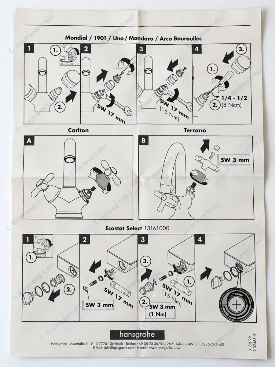 Documentation technique AXOR Carlton pour le démontage des poignées de robinetterie à Bellevue, Genève